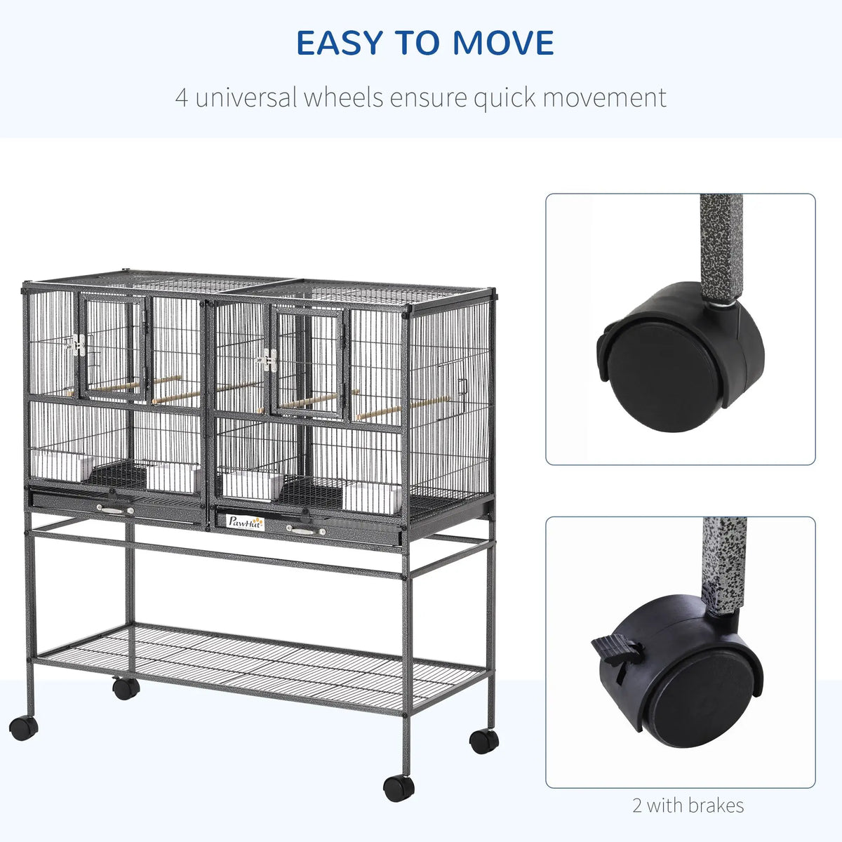 Rolling Metal Bird Cage With Storage Tray And Wood Perch