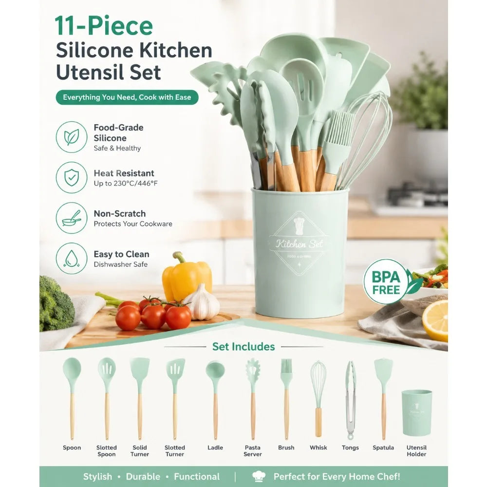 Nonstick Silicone Cooking Utensil Set With Wooden Handles