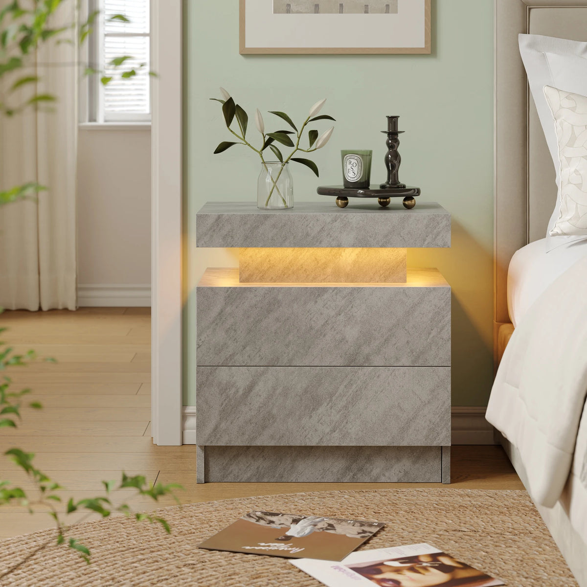 Cubehom Nightstand With Two Drawers And Led Lights For Bedroom