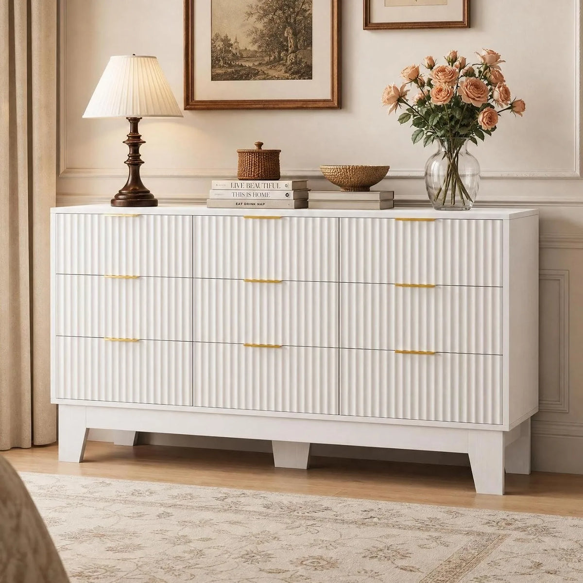 Modern Fluted Nine Drawer Wooden Dresser With Metal Handles