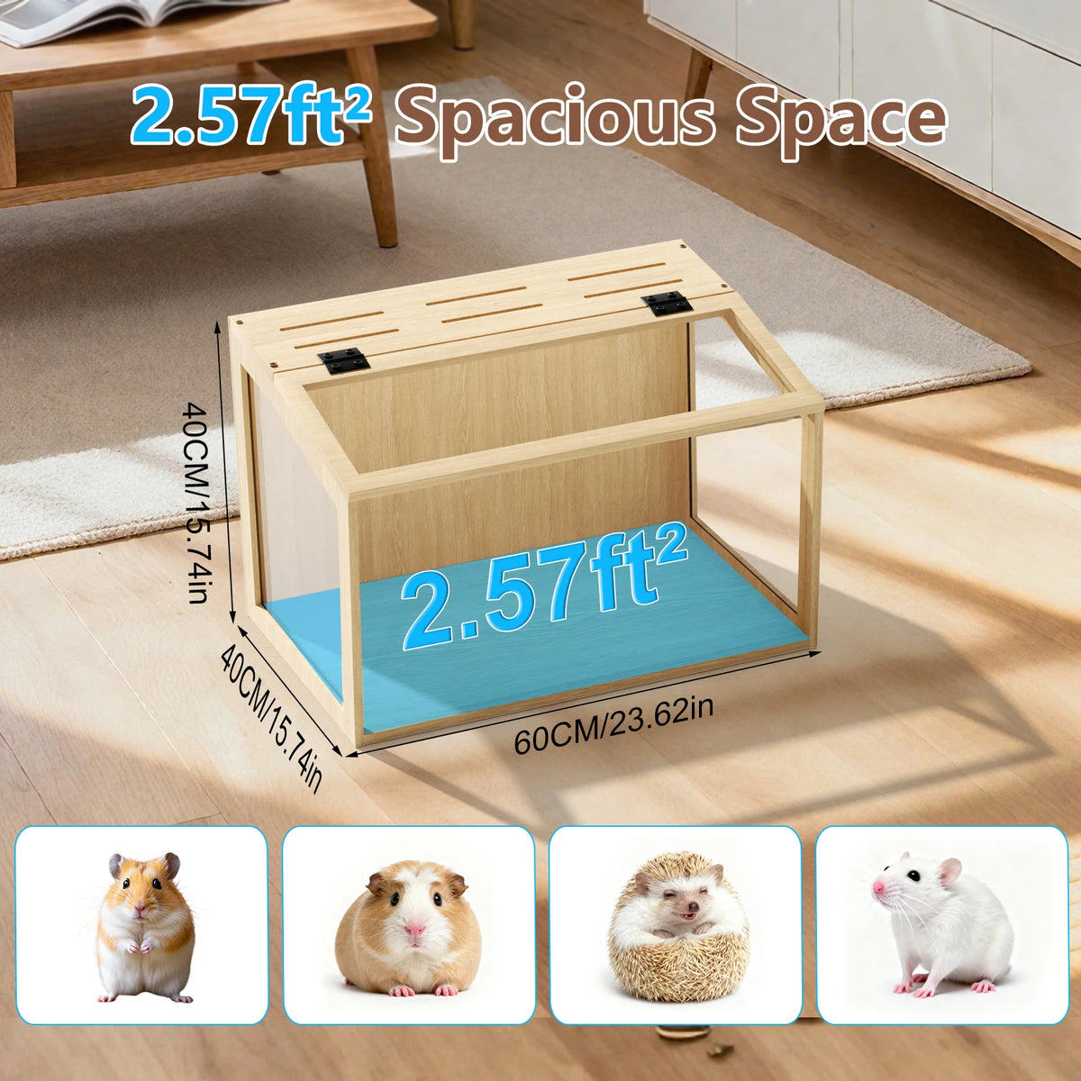 Wooden Hamster Habitat Featuring Tempered Glass And Led Lighting