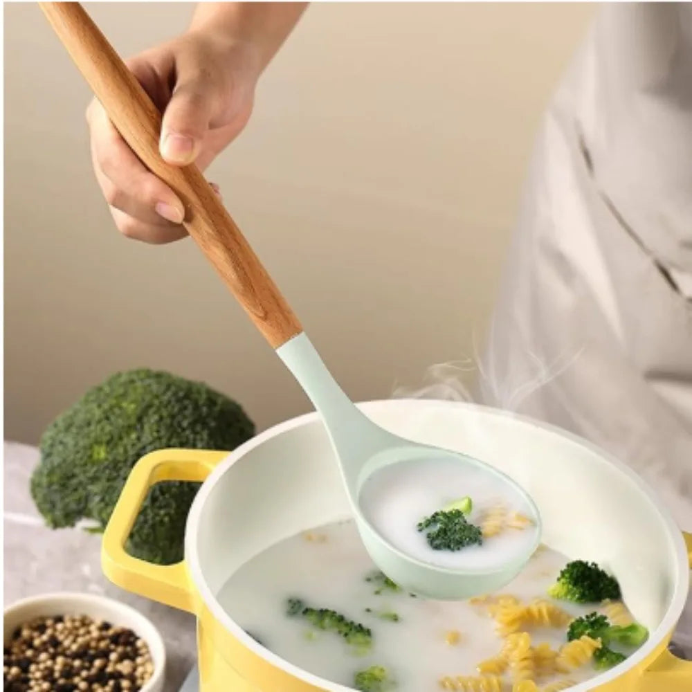 Nonstick Silicone Cooking Utensil Set With Wooden Handles