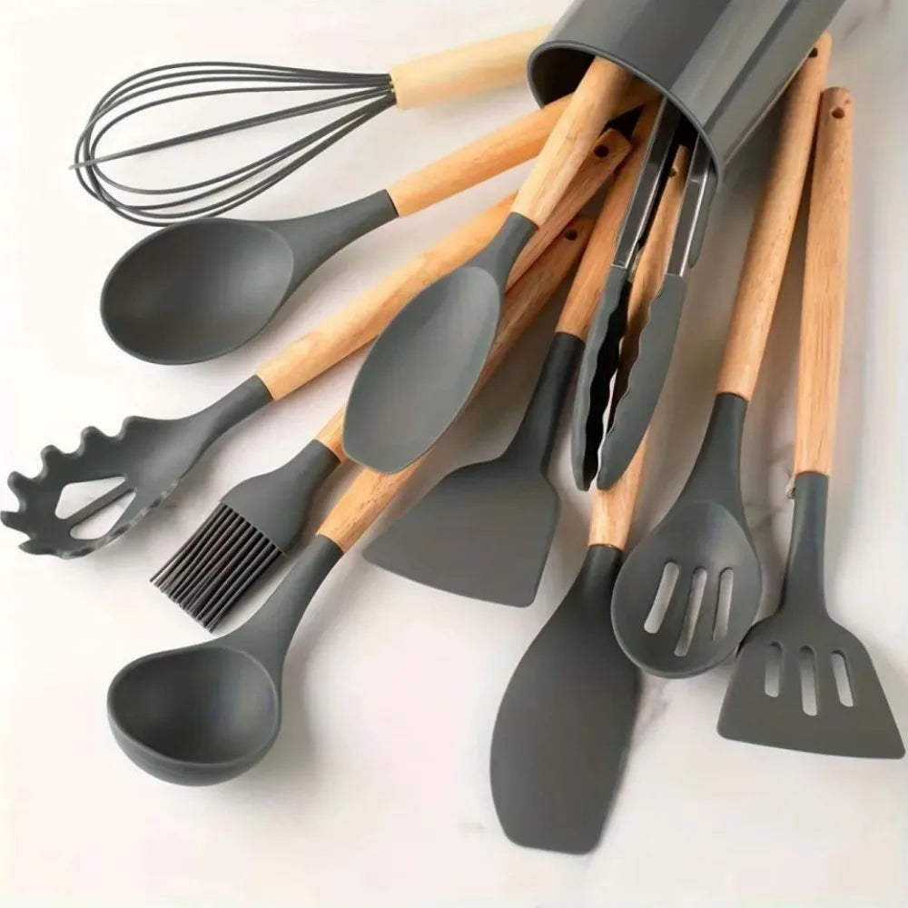 Nonstick Silicone Cooking Utensil Set With Wooden Handles
