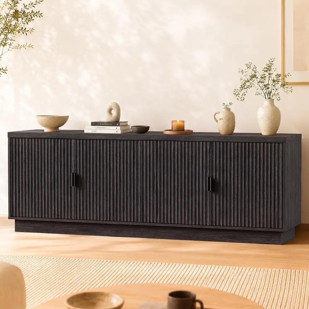 Modern Fluted TV Stand With Adjustable Shelves And Storage Cabinets