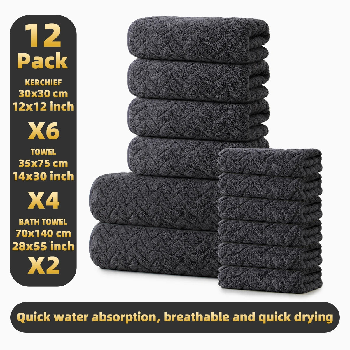 Soft 12 Piece Microfiber Bathroom Towel Set For Home Use