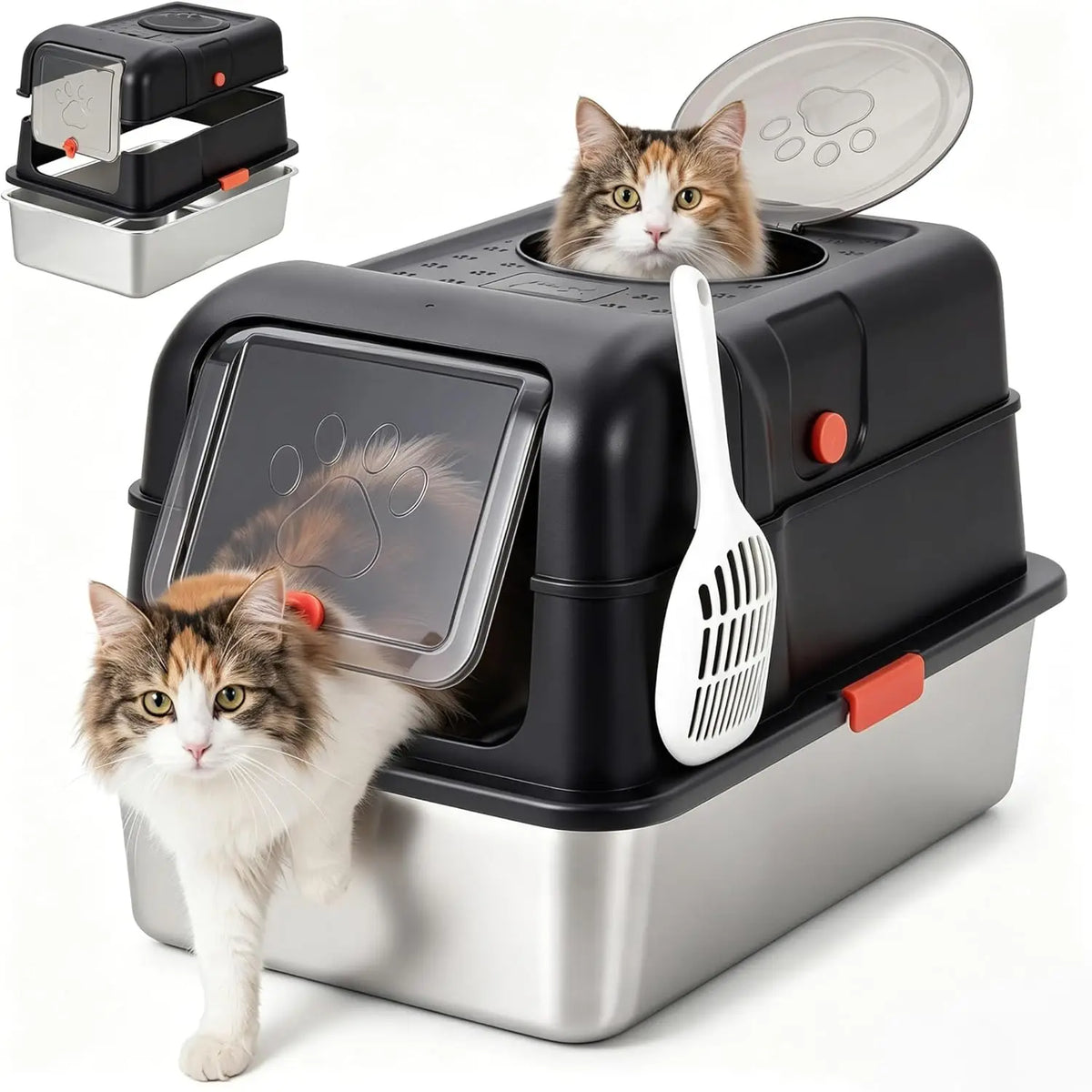 Studyset Enclosed Stainless Steel Cat Litter Box With Scoop