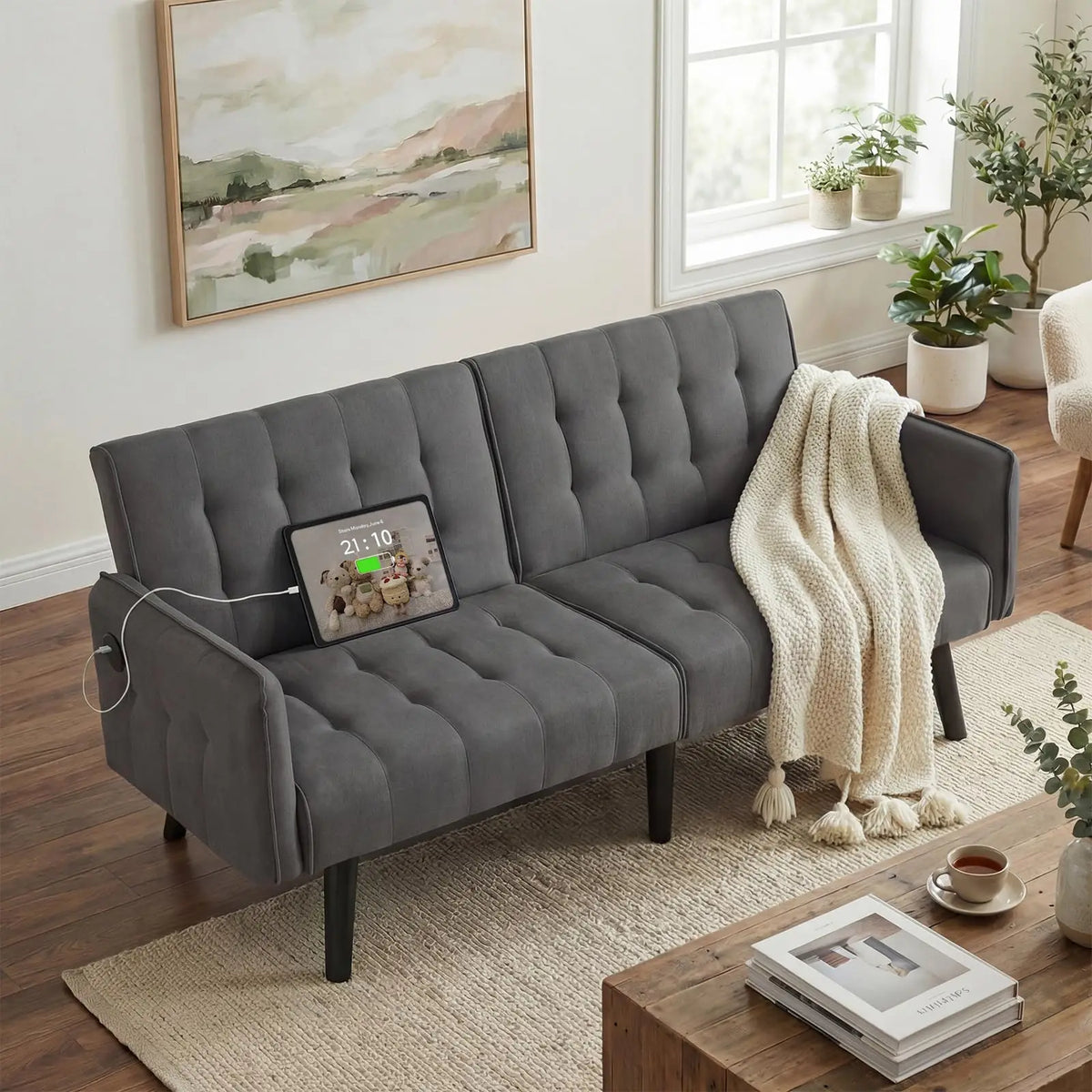 Modern Faux Leather Futon Sofa Bed Featuring Usb Ports Technology