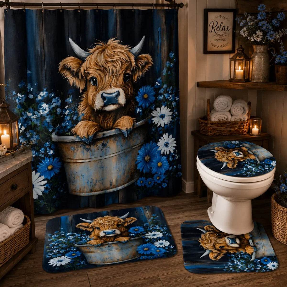 Highland Cow Rustic Farmhouse Bathroom Shower Curtain Set With Hooks
