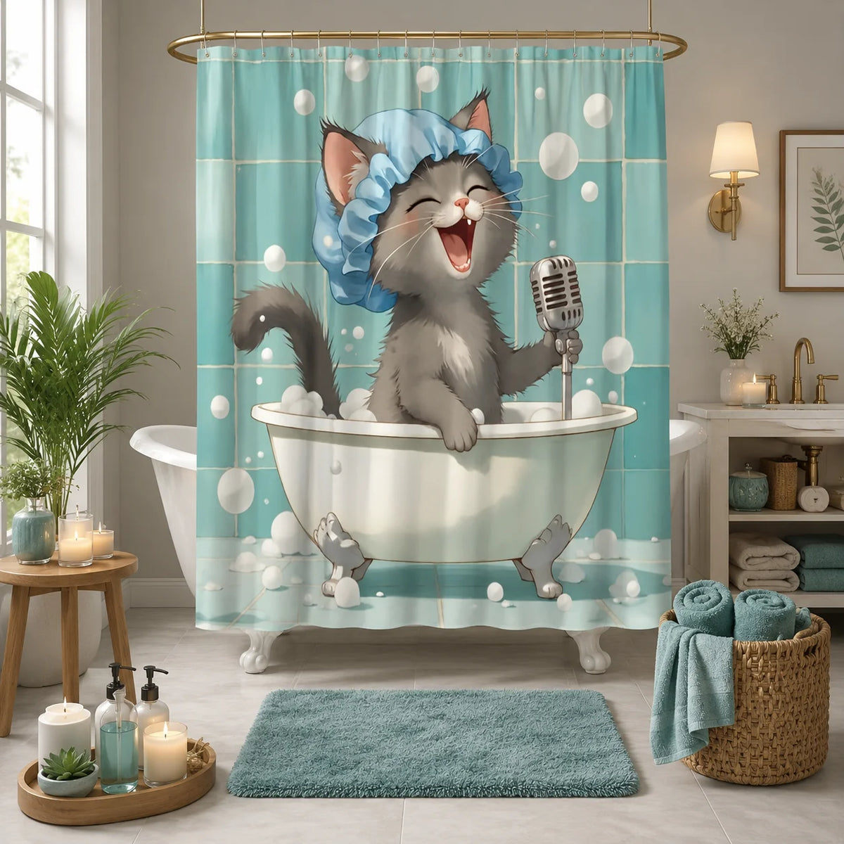 Soft Polyester Shower Curtain Featuring Cute Cat Design