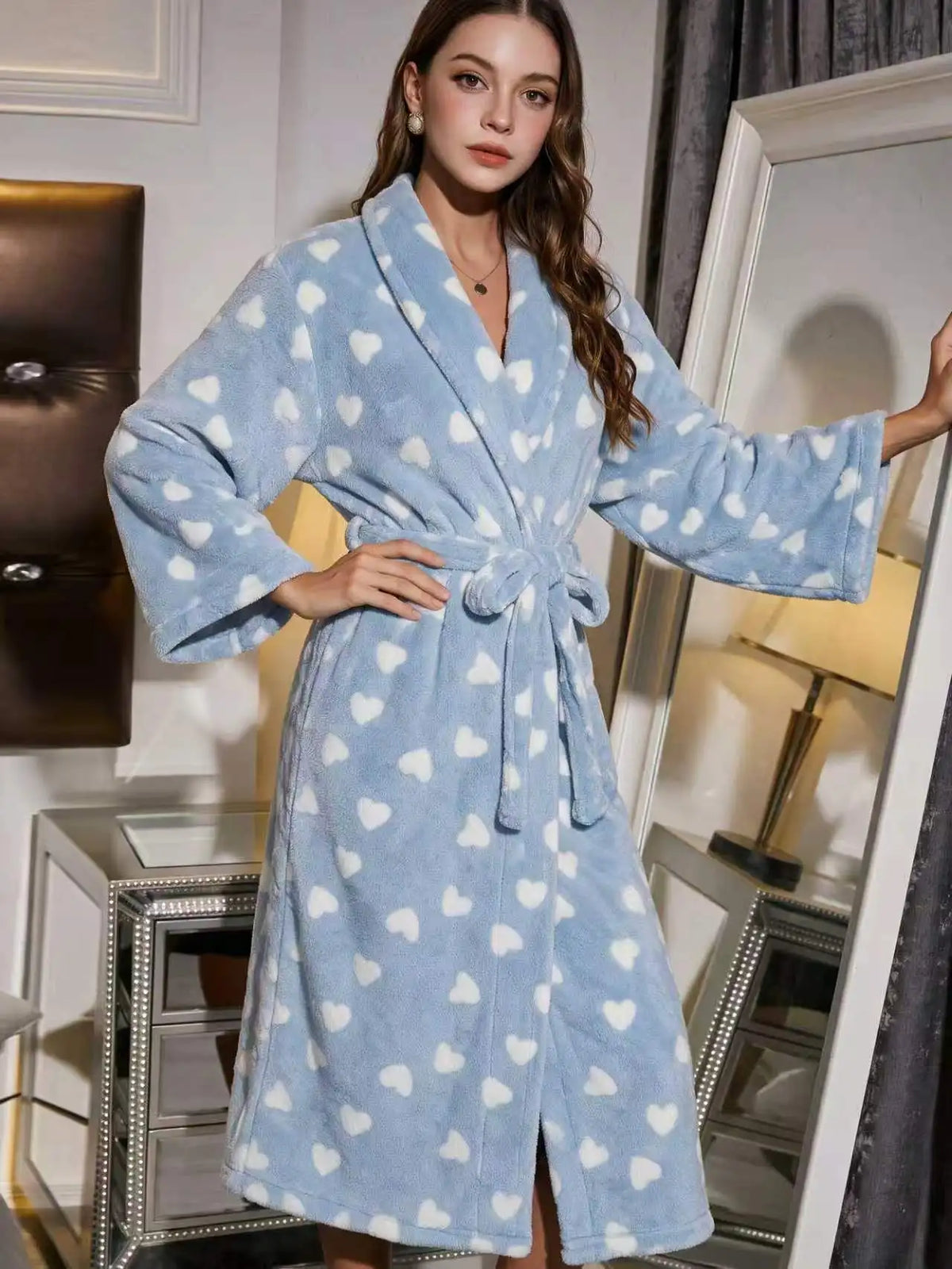 Qeils Women's Comfortable Flannel Belted V-Neck Nightgown