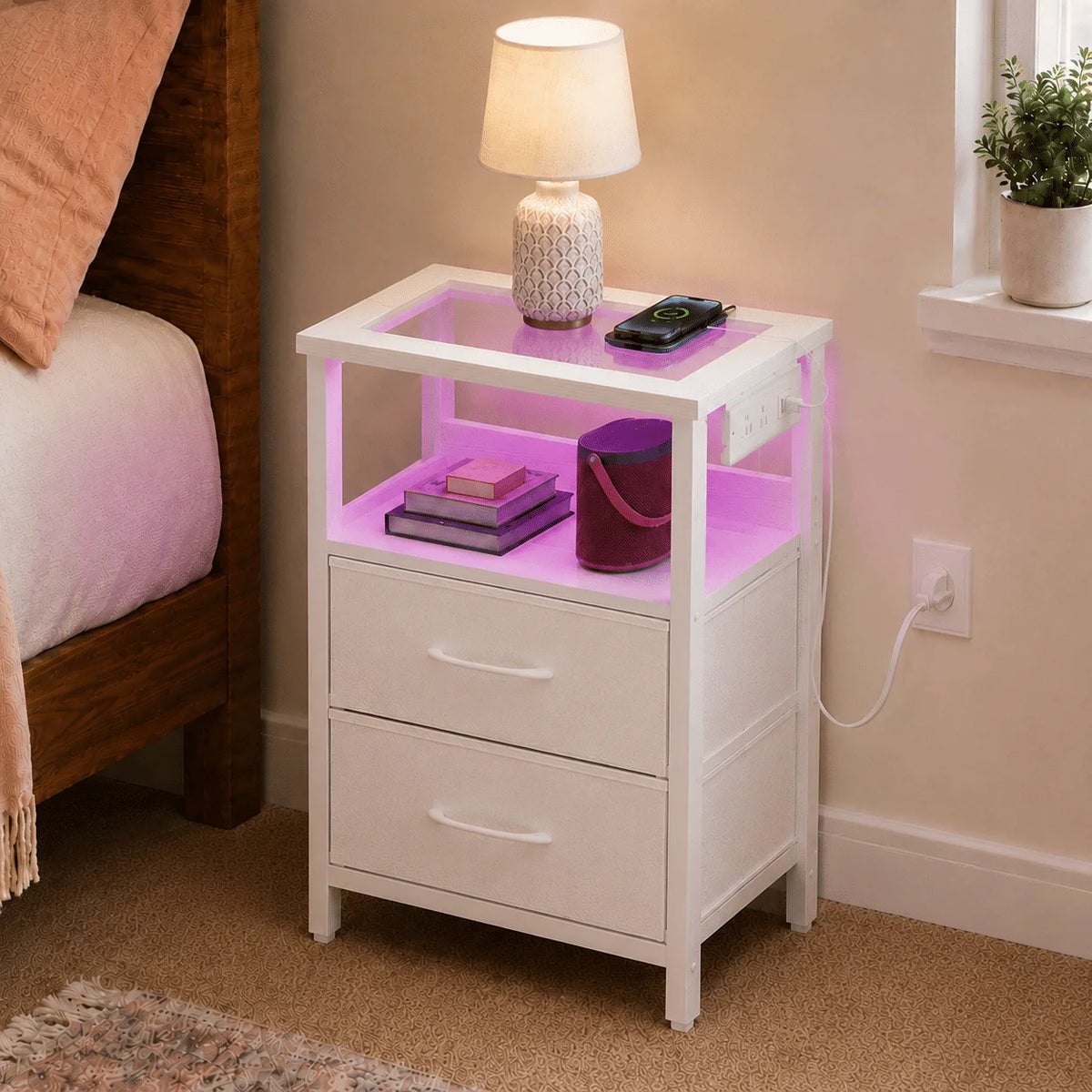 Modern Glass Top Nightstand With Charging Station And Led Lights