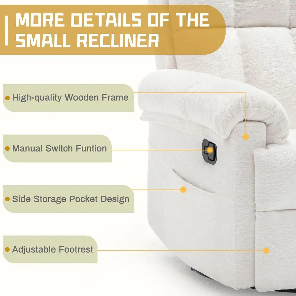 Upholstered Swivel Rocker Recliner Chair for Adults and Small Spaces