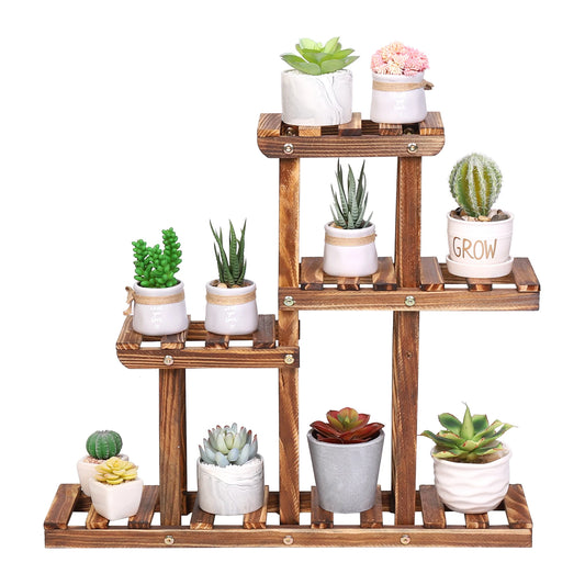 Bingopaw Four Tier Carbonized Wood Plant Stand For Garden