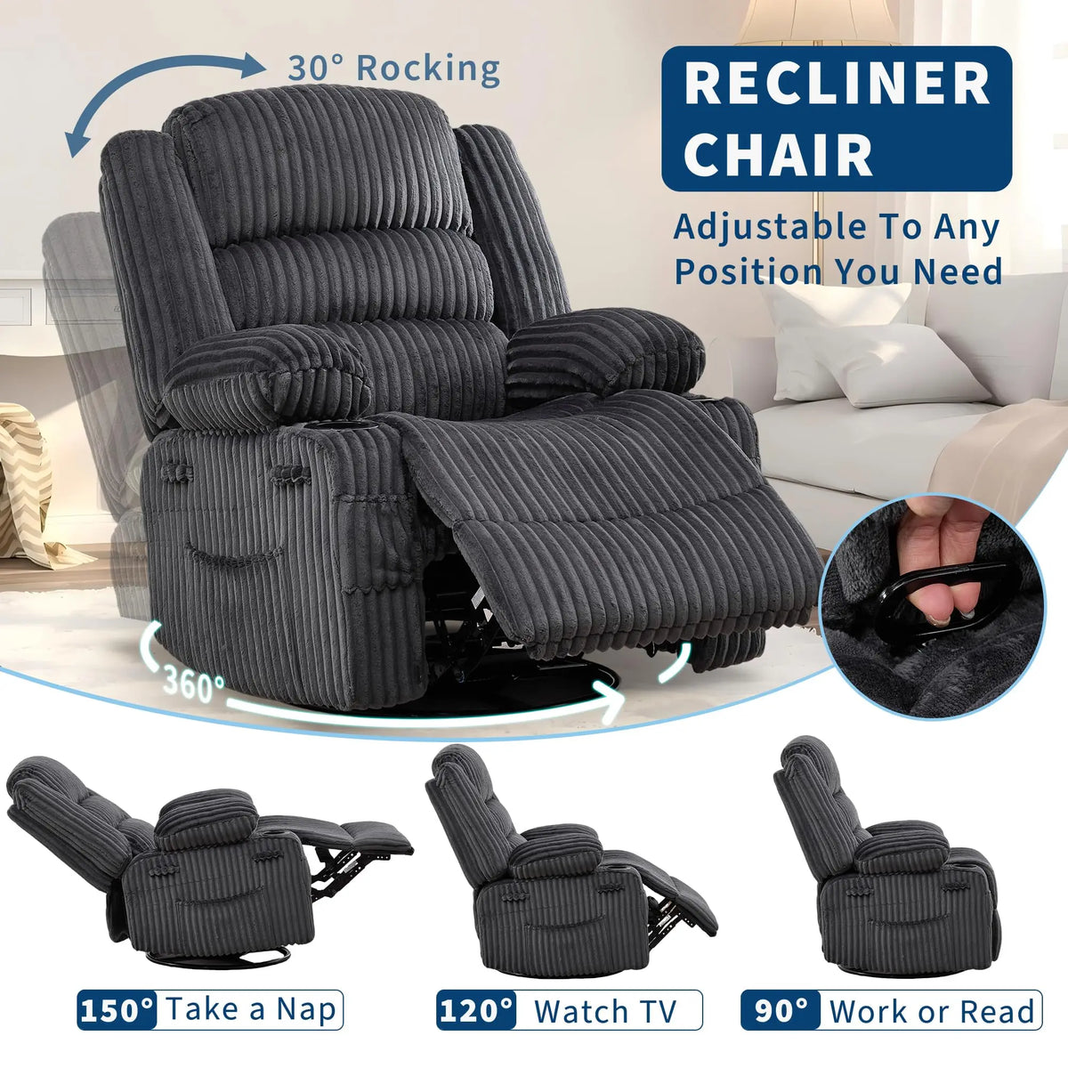 HiMISS Swivel Rocking Recliner Chair With Cup Holder Corduroy Glider