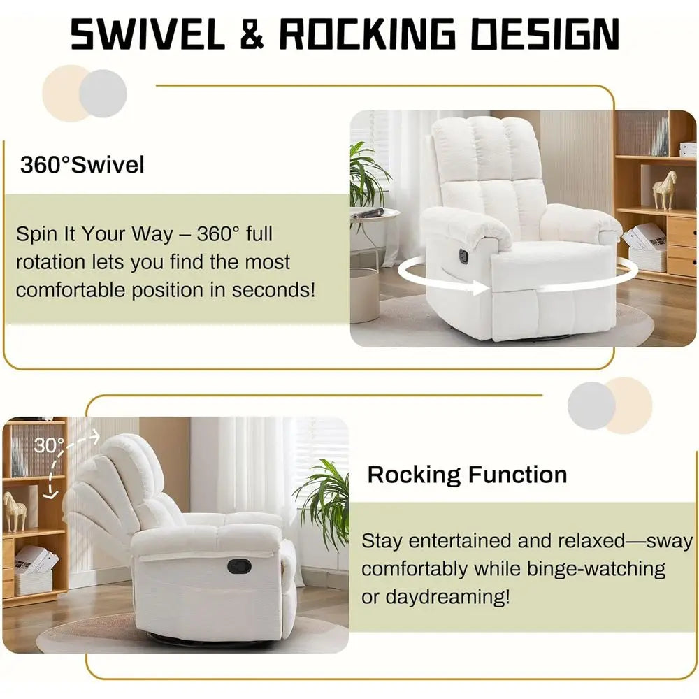 Upholstered Swivel Rocker Recliner Chair for Adults and Small Spaces