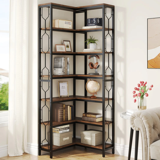 Tribesigns Seven Tier Industrial Wood Metal Corner Bookshelf