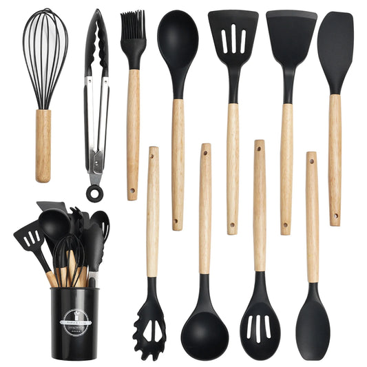 Koomade 12 Piece Silicone Cooking Utensil Set With Wooden Handle