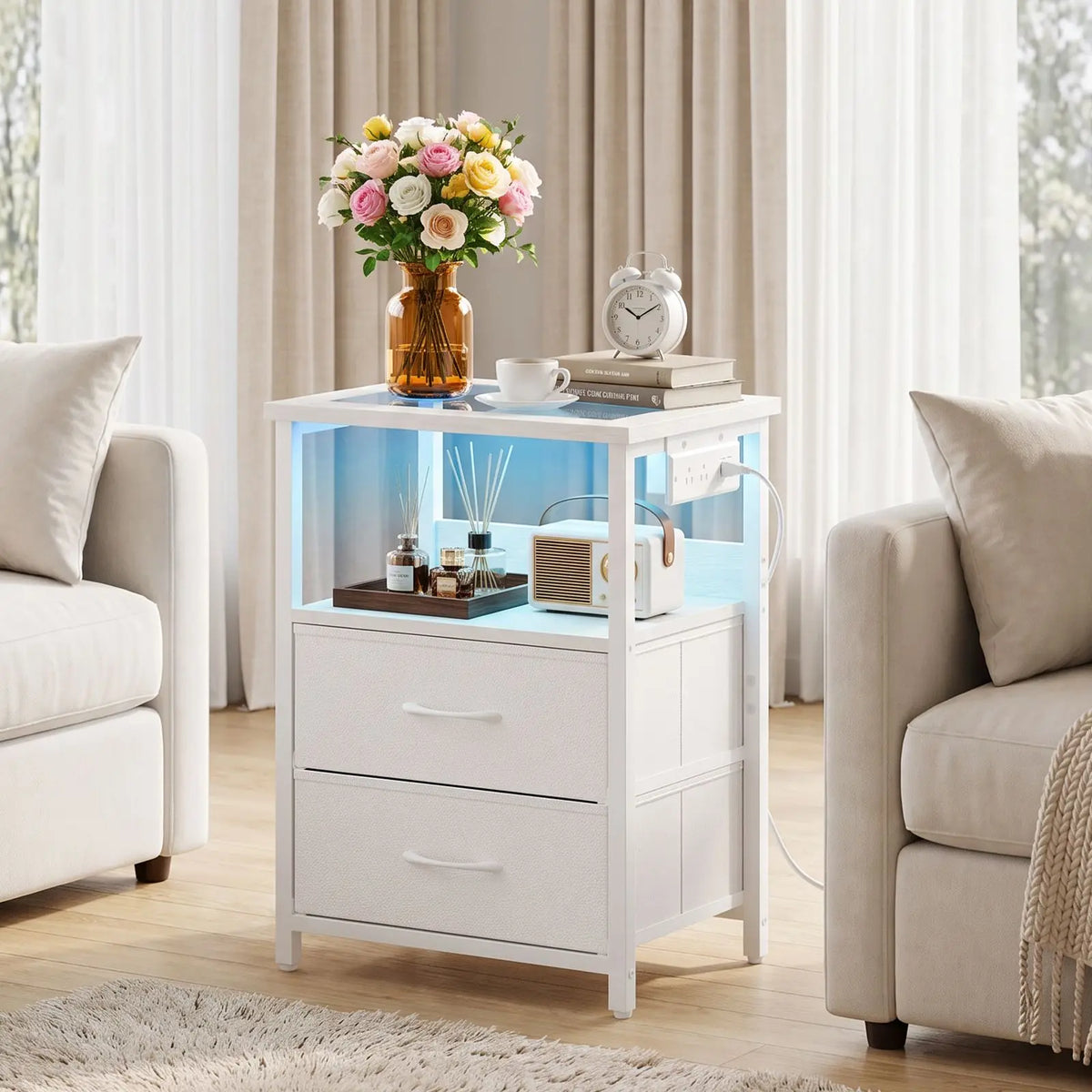 Modern Glass Top Nightstand With Charging Station And Led Lights