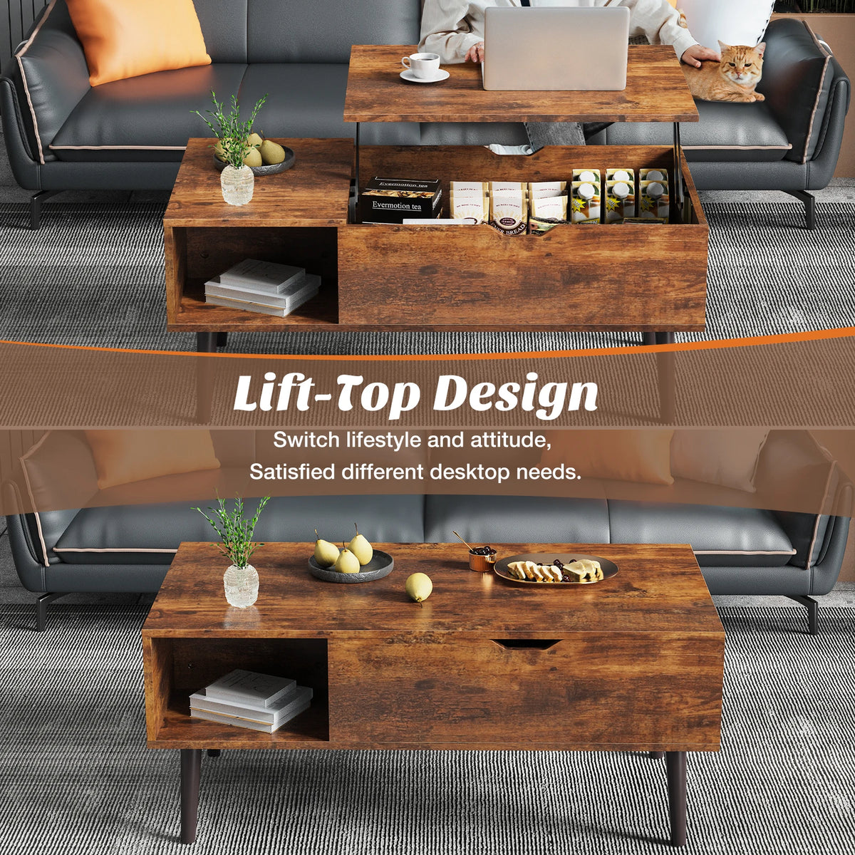 MCQ Wood Lift Top Coffee Table With Adjustable Storage Shelf