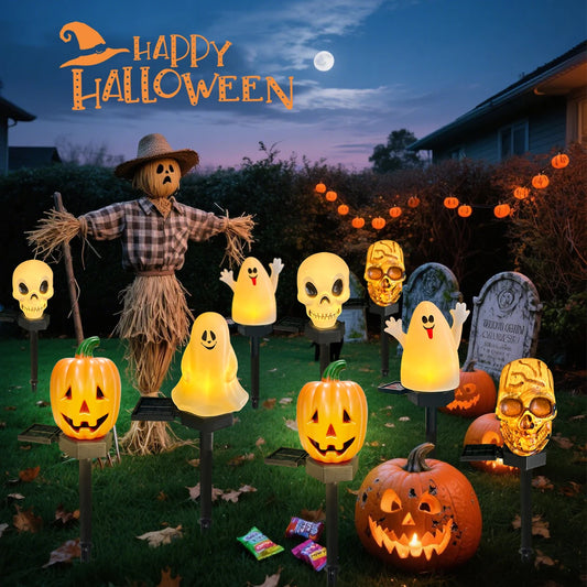 Solar Powered Halloween Pumpkin Ghost Skeleton Garden Stake Light