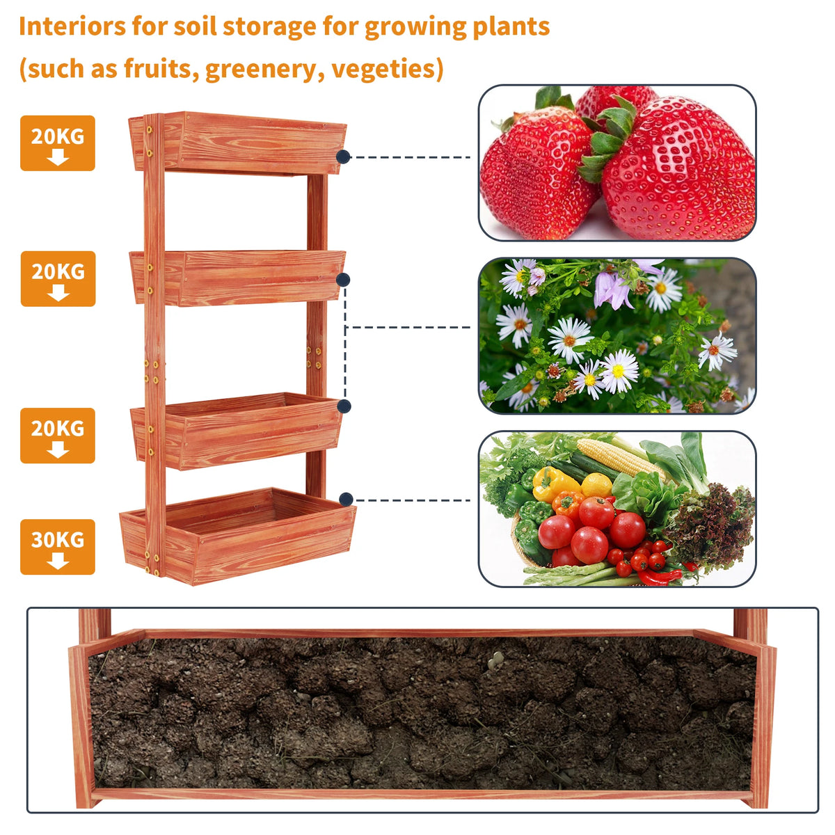 4 Tier Solid Wood Raised Garden Bed Removable Planter Box