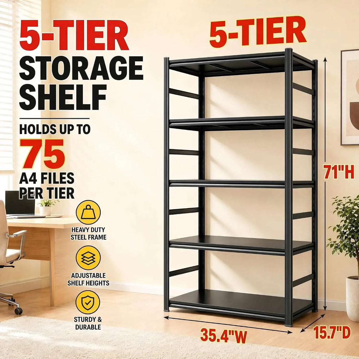 Bolt-Free Heavy-Duty Metal Bookshelf With Adjustable Shelves Anti-Tip Anchors