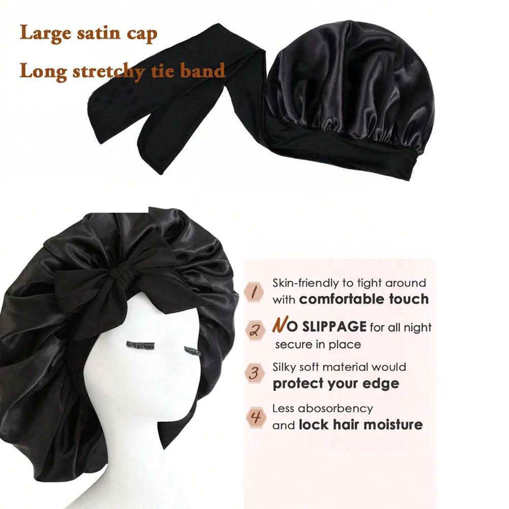 Adjustable Satin Hair Bonnet With Tie Band For Sleeping