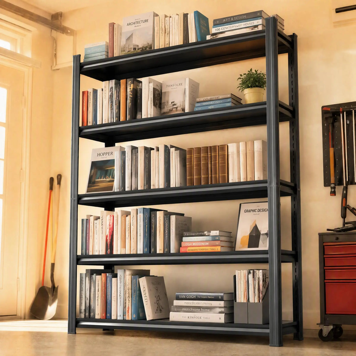 Bolt-Free Heavy-Duty Metal Bookshelf With Adjustable Shelves Anti-Tip Anchors