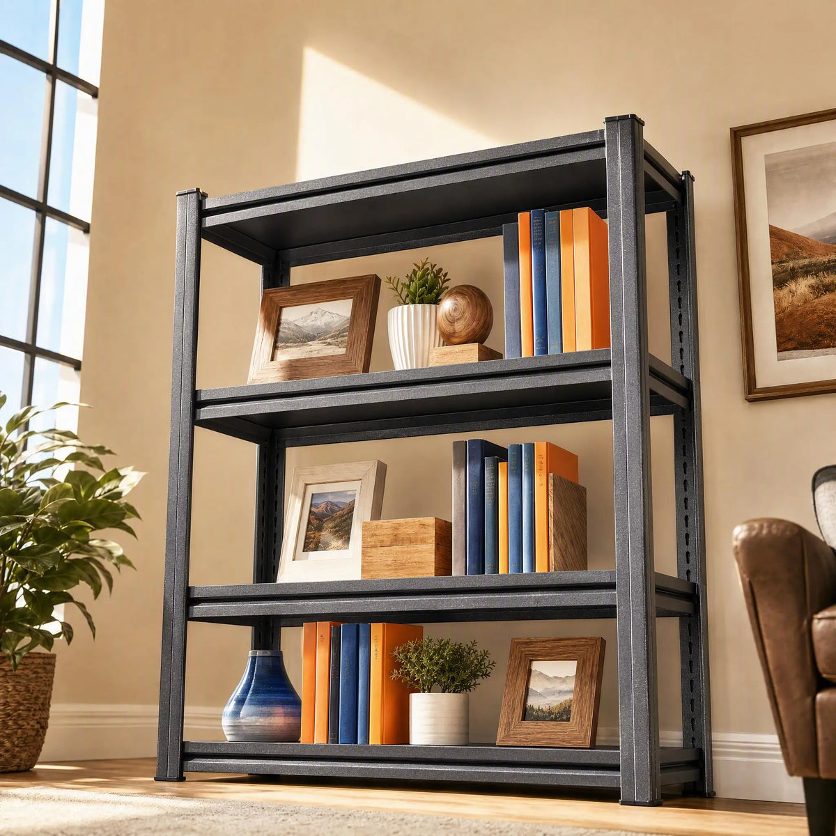 Bolt-Free Heavy-Duty Metal Bookshelf With Adjustable Shelves Anti-Tip Anchors