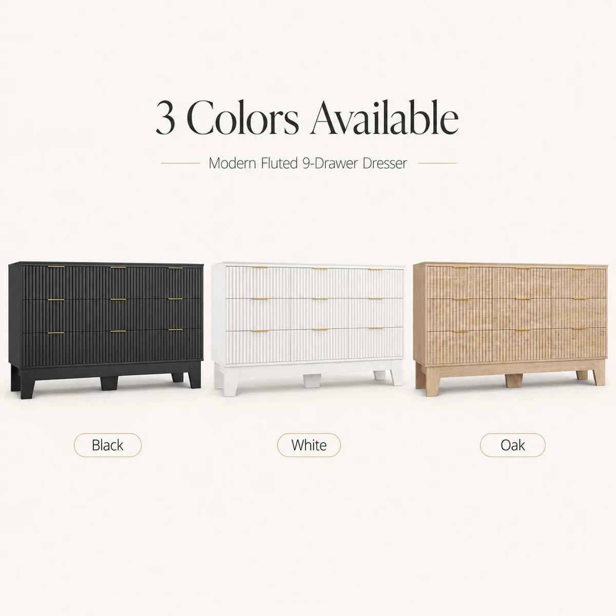 Modern Fluted Nine Drawer Wooden Dresser With Metal Handles
