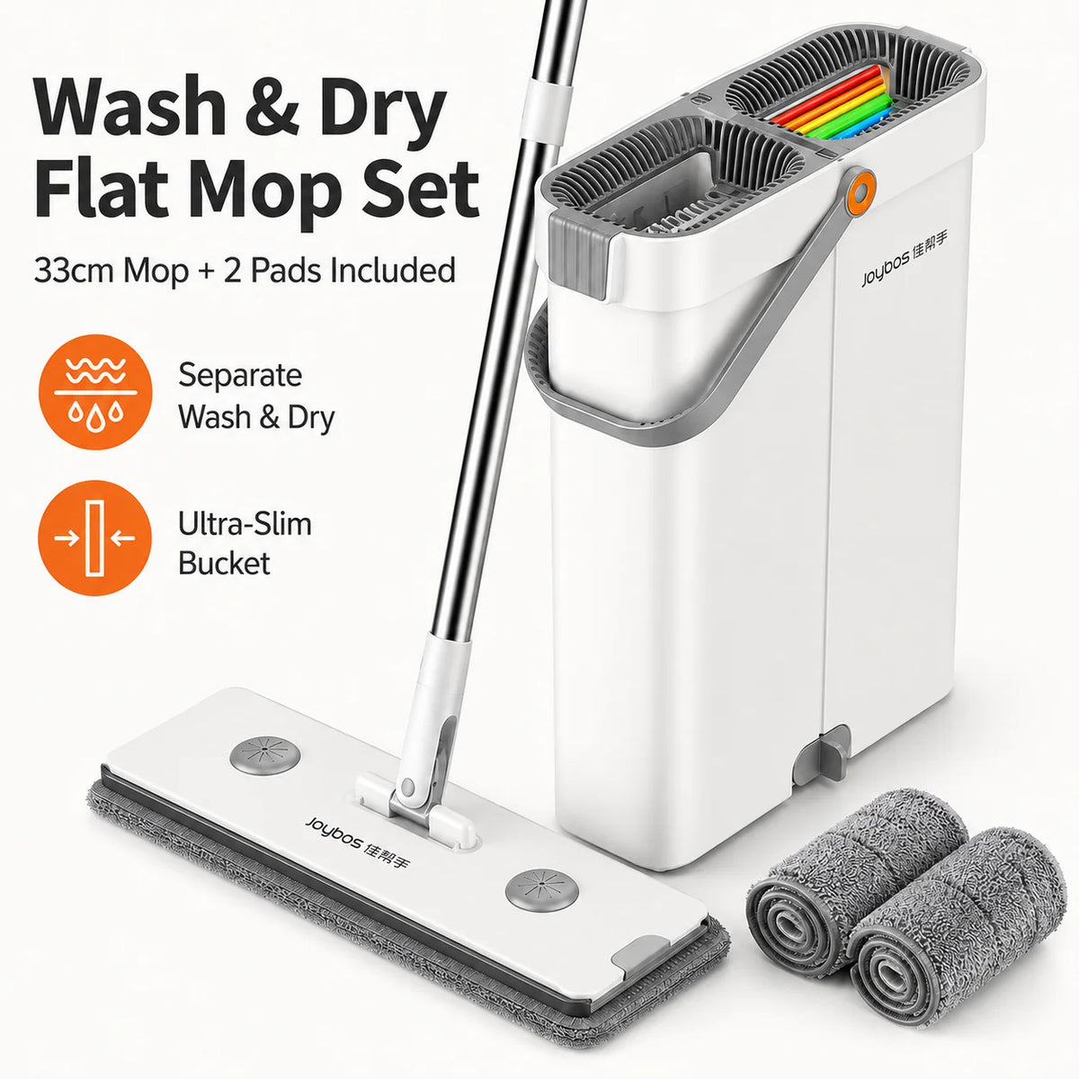 Joybos Hands Free Flat Mop Bucket System With Microfiber Pads