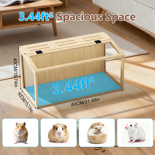 Wooden Hamster Habitat Featuring Tempered Glass And Led Lighting