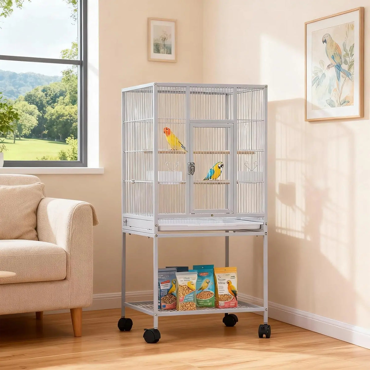 Tacleekii Rolling Bird Cage With Perches And Storage Shelf