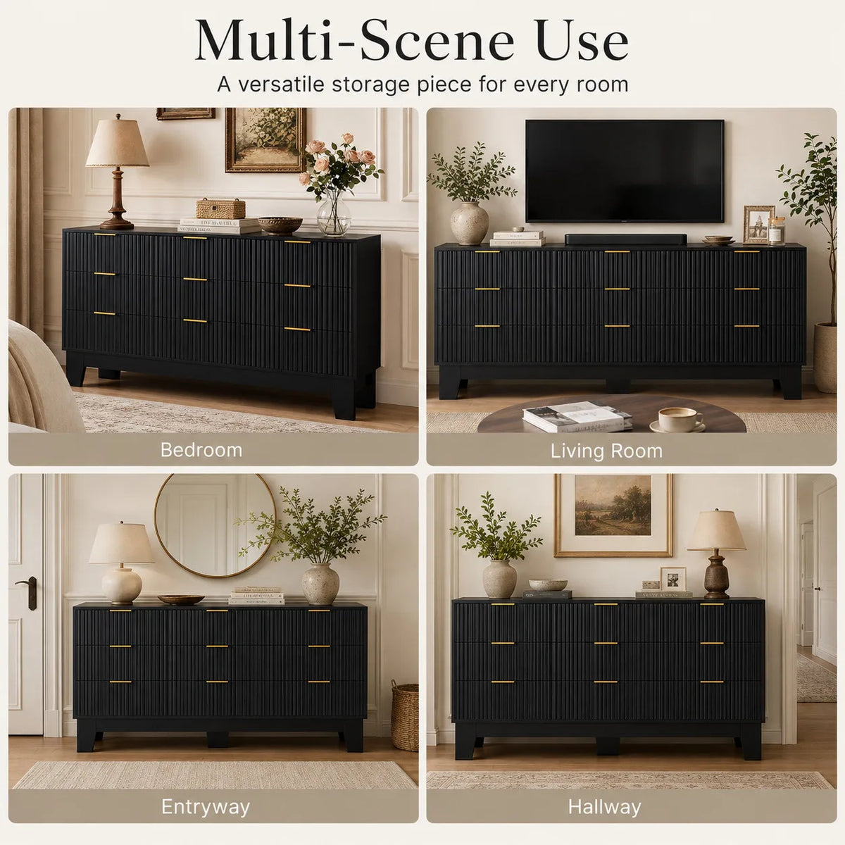Modern Fluted Nine Drawer Wooden Dresser With Metal Handles