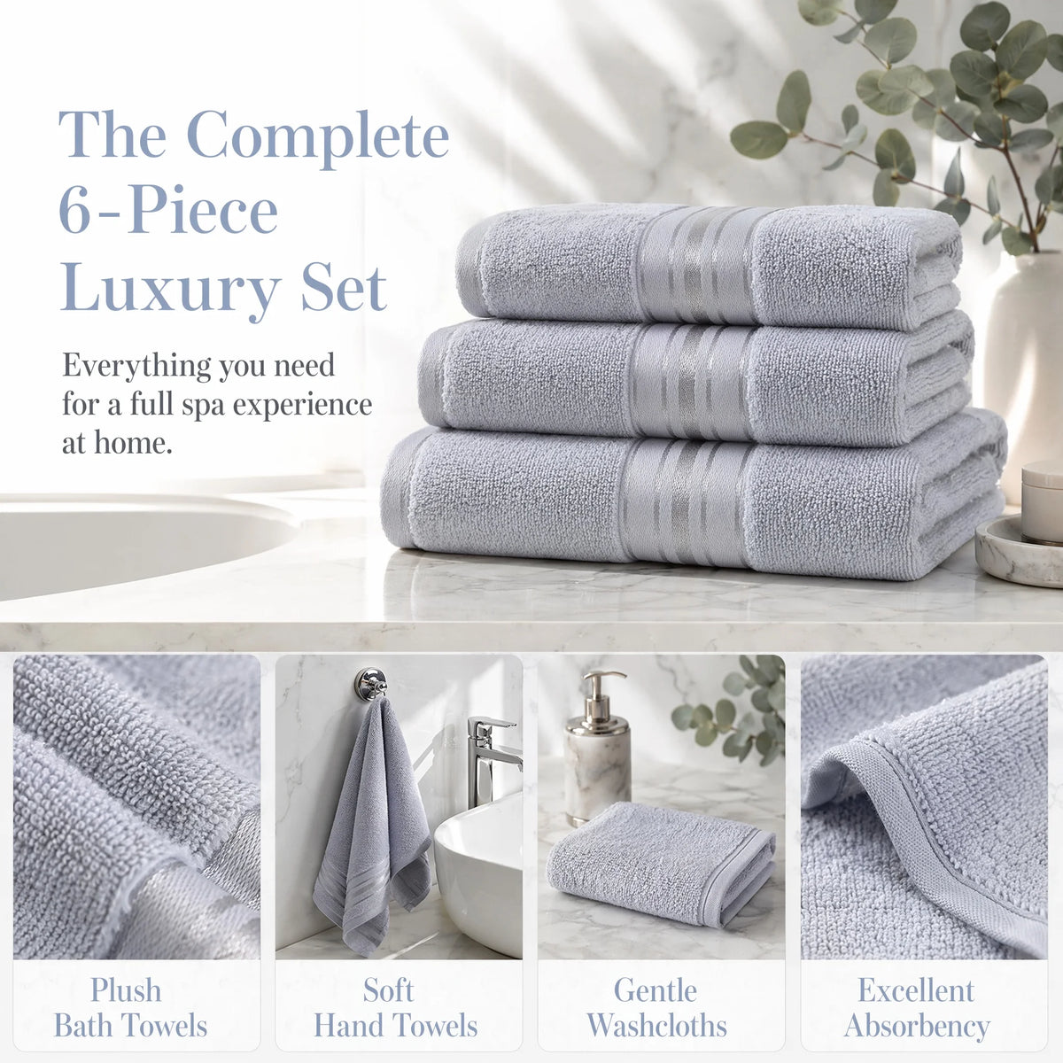 Luxury Turkish Cotton Towel Set, Six Piece Absorbent Bathroom Towels