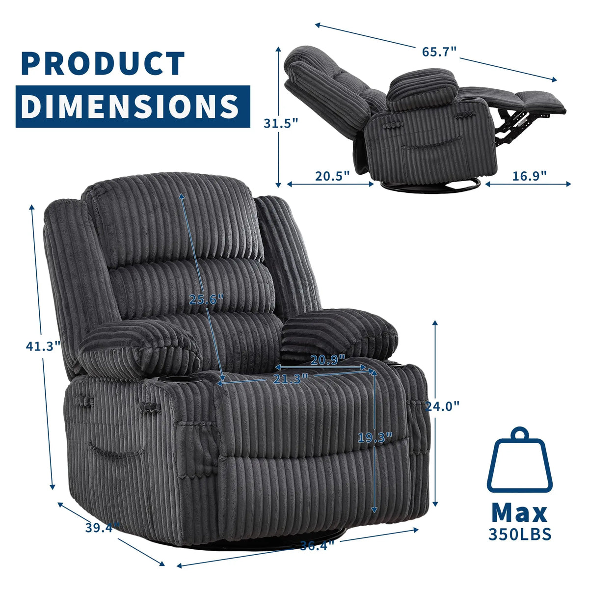 HiMISS Swivel Rocking Recliner Chair With Cup Holder Corduroy Glider
