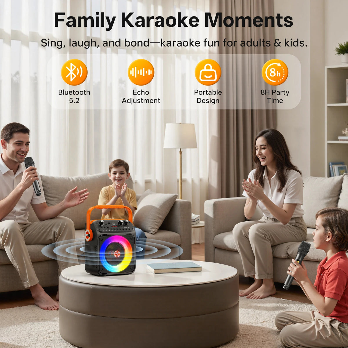 FanFun Bluetooth Karaoke Speaker With Rhythm Lights And Dual Microphones