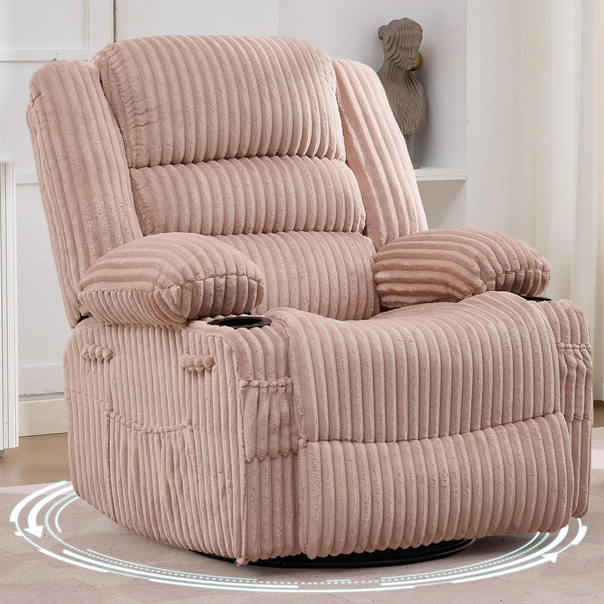 Studyset Corduroy Swivel Glider Recliner Chair With Cup Holder