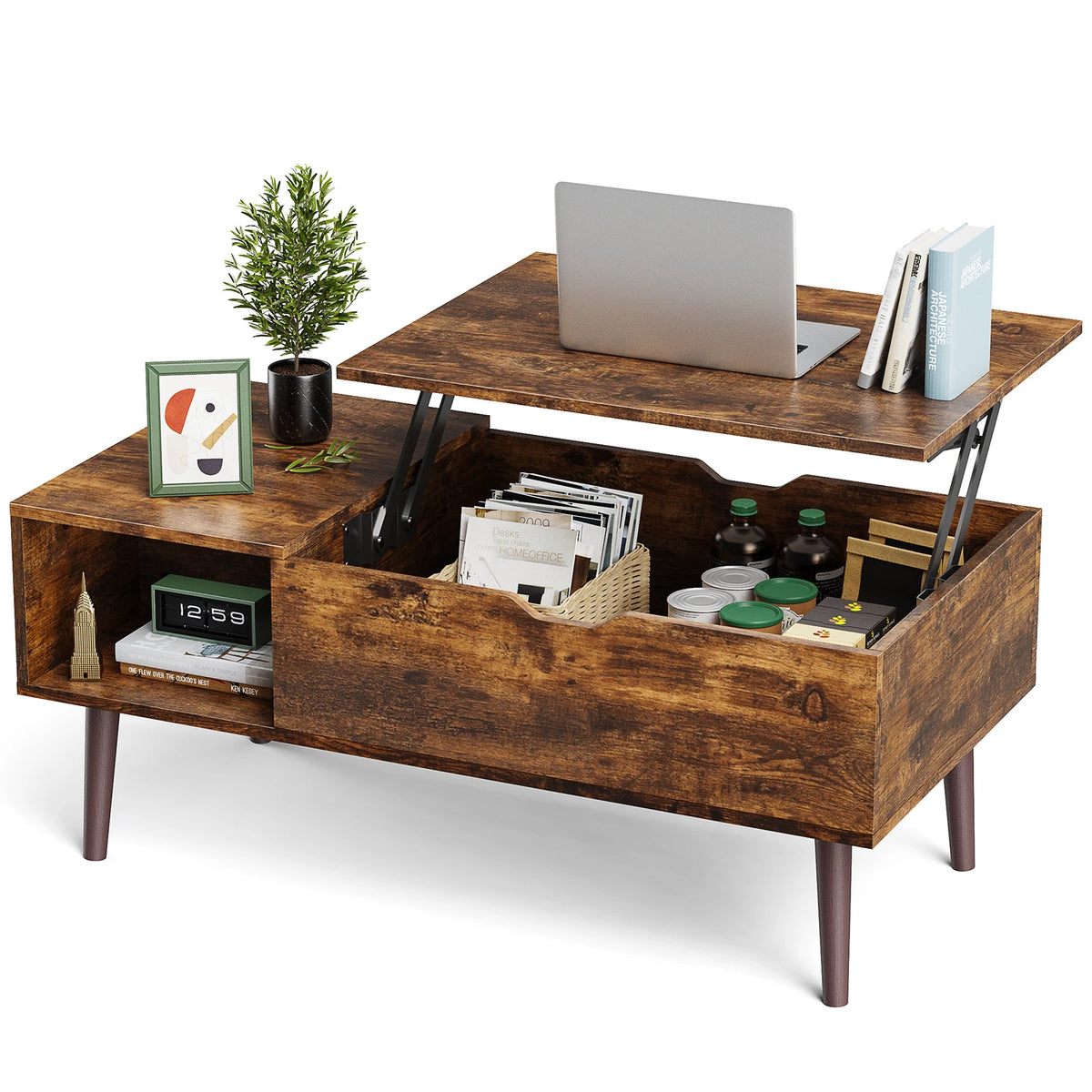 MCQ Wood Lift Top Coffee Table With Adjustable Storage Shelf