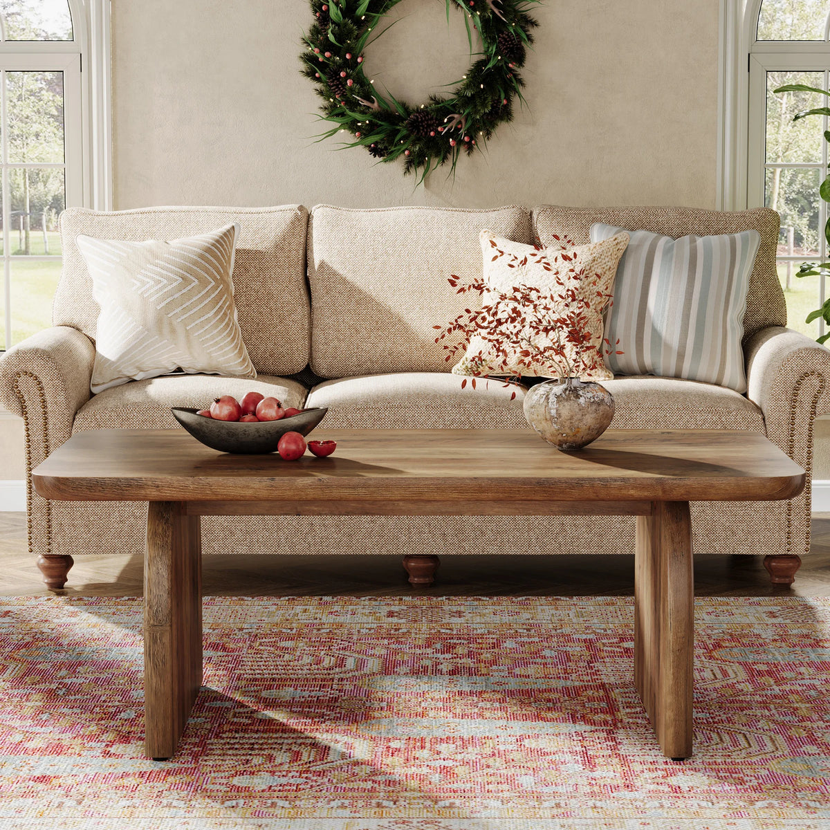 Tribesigns Farmhouse Rectangular Engineered Wood Coffee Table With Sturdy Base