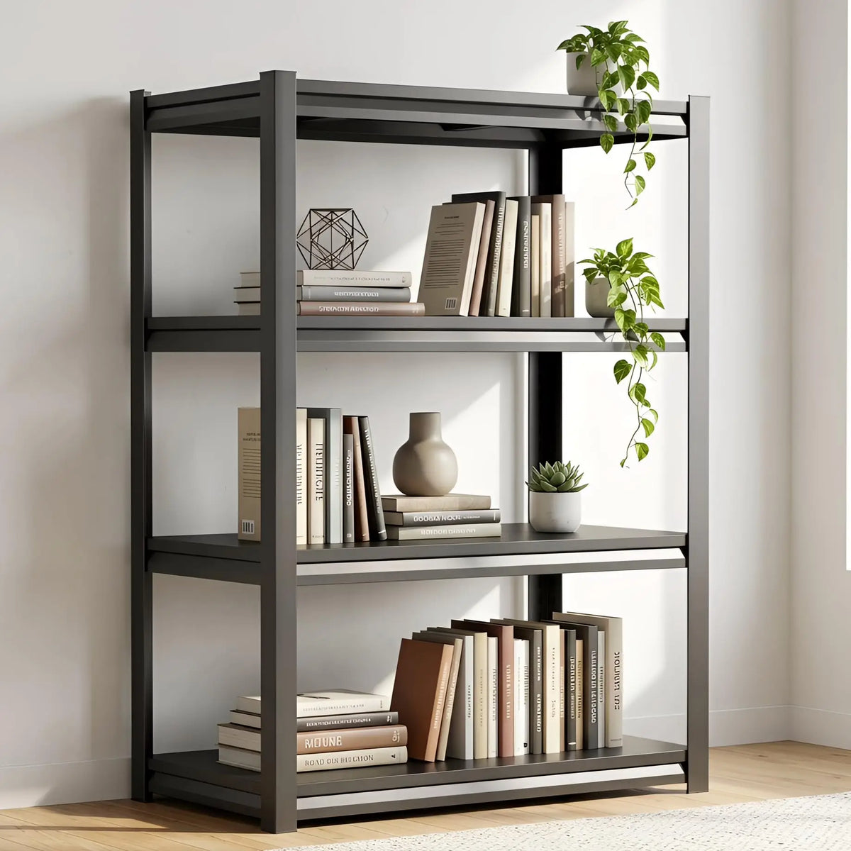 Bolt-Free Heavy-Duty Metal Bookshelf With Adjustable Shelves Anti-Tip Anchors