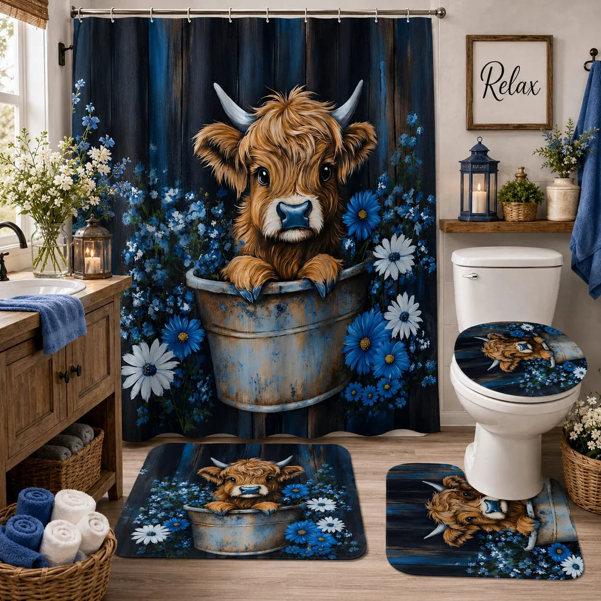 Highland Cow Rustic Farmhouse Bathroom Shower Curtain Set With Hooks