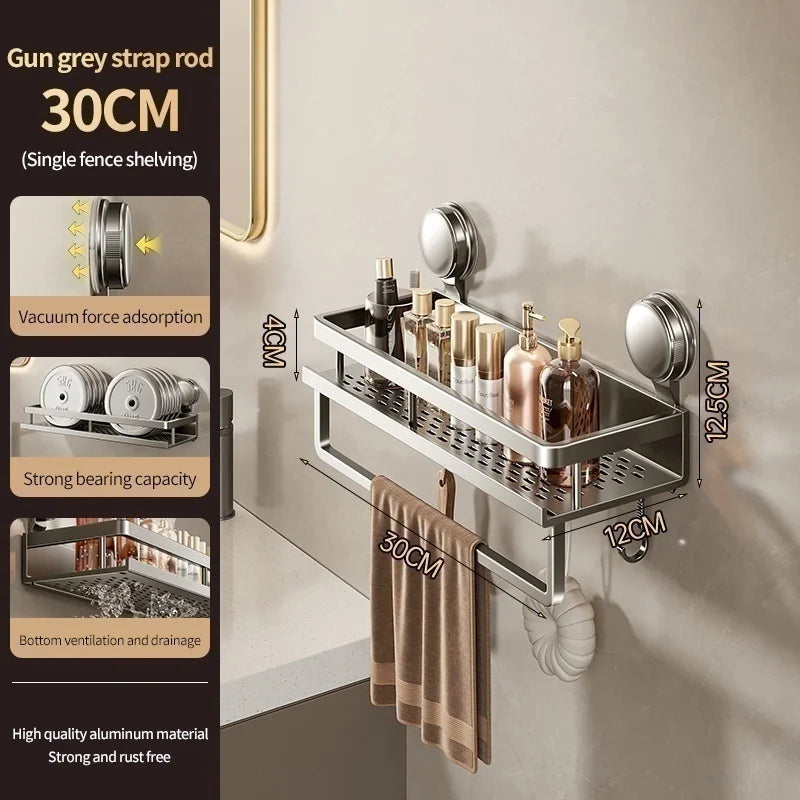 No Drill Aluminum Bathroom Shelf With Suction Cup Wall Mount