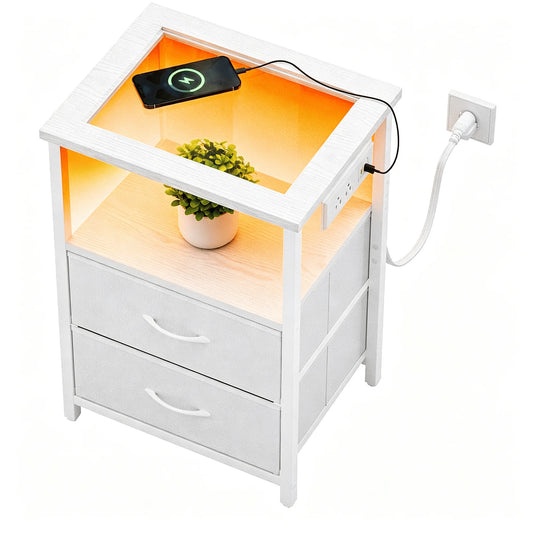 Modern Glass Top Nightstand With Charging Station And Led Lights