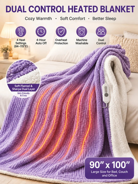 Heated Electric Blanket Flannel Sherpa 4 Heat Settings Auto Off
