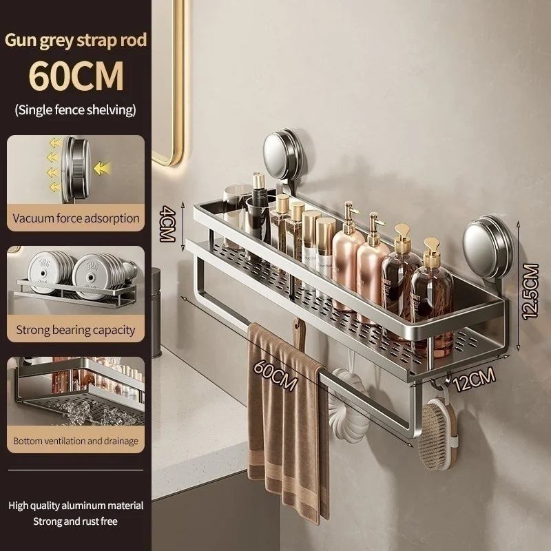 No Drill Aluminum Bathroom Shelf With Suction Cup Wall Mount