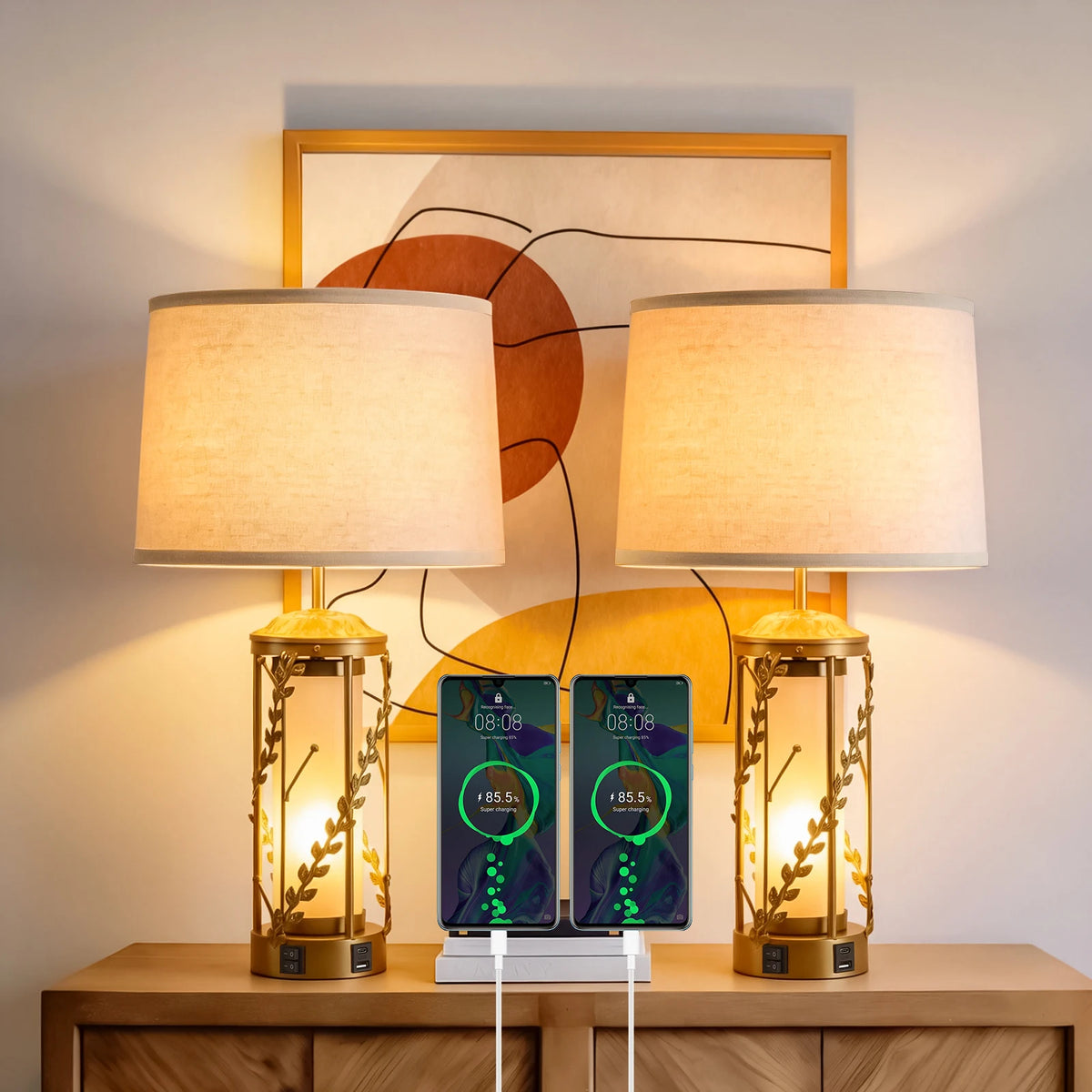Hollow Leaf Dual Light Table Lamp With Charging Station