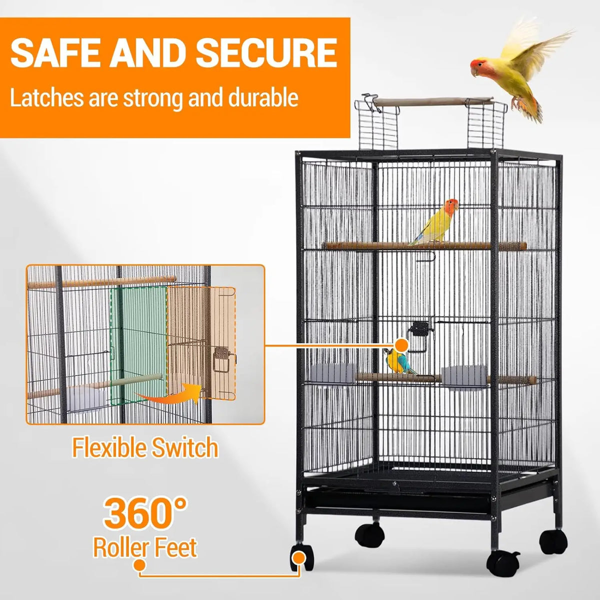 HiMISS Open Top Bird Cage With Rolling Stand And Feeder