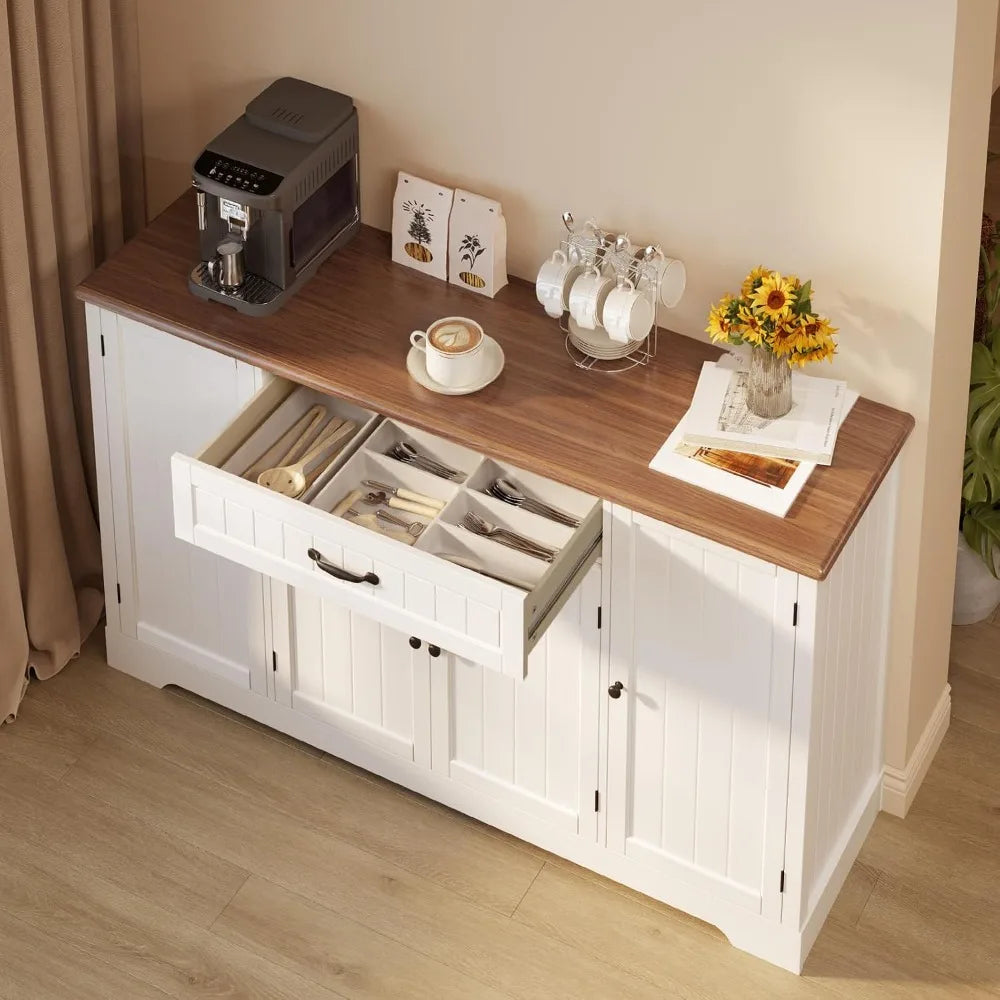 Rustic Kitchen Coffee Bar Cabinet With Storage Drawers And Pantry