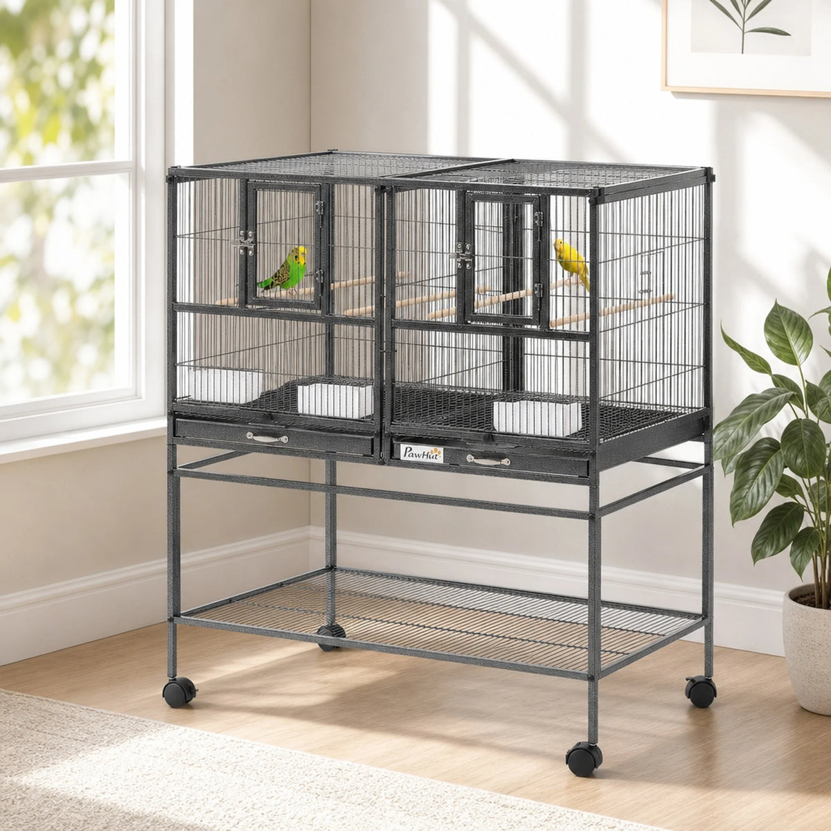Rolling Metal Bird Cage With Storage Tray And Wood Perch